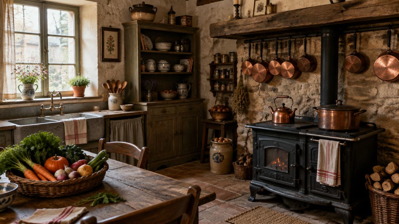 Cuisine rustique avec cuisinière à bois et casseroles en cuivre